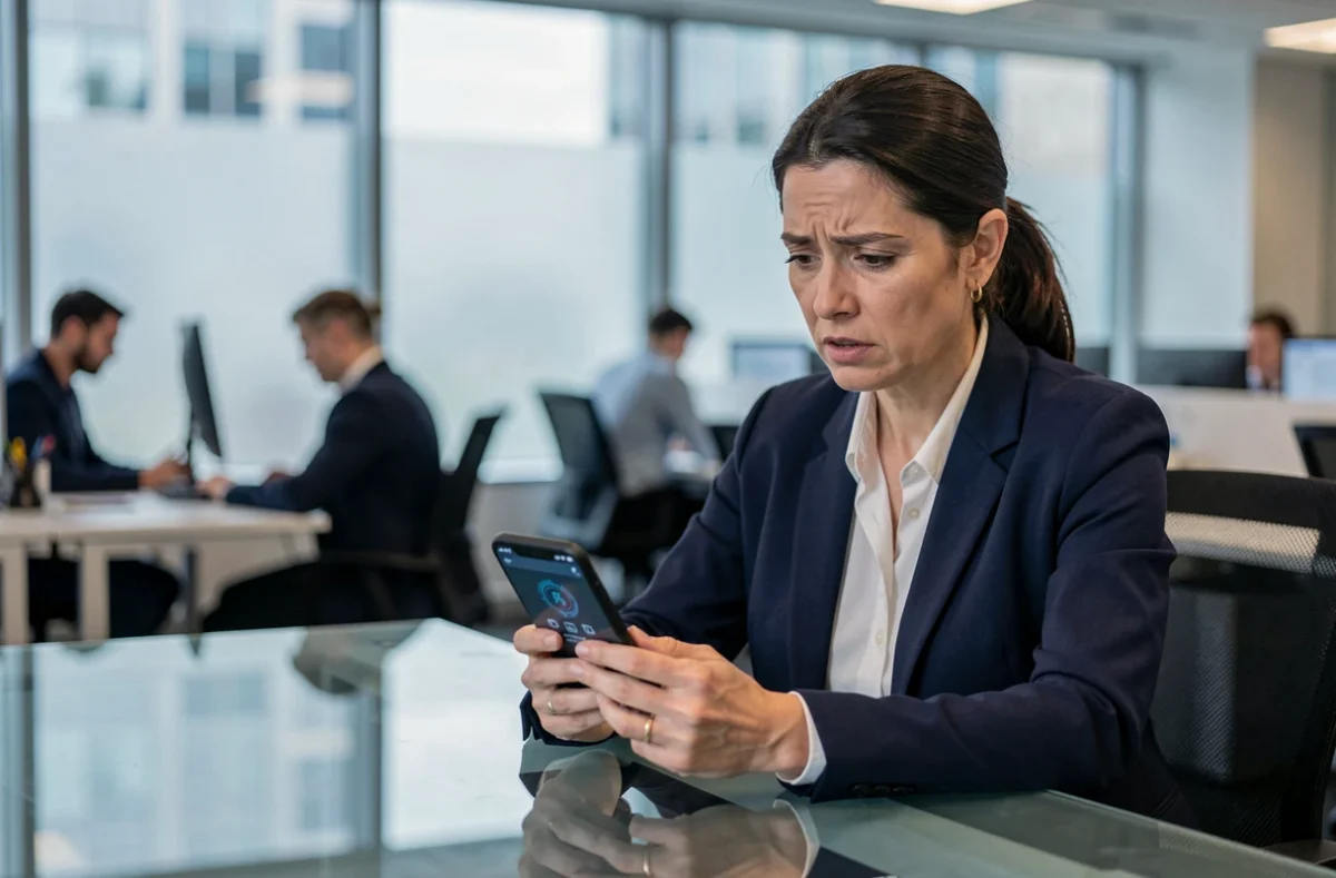 Femme en entreprise consultant son smartphone pour résoudre un problème d'accès à son coffre-fort numérique Arkevia