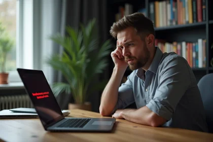 Homme frustré devant son ordinateur portable affichant un message d'erreur d'accès refusé à son compte CA56
