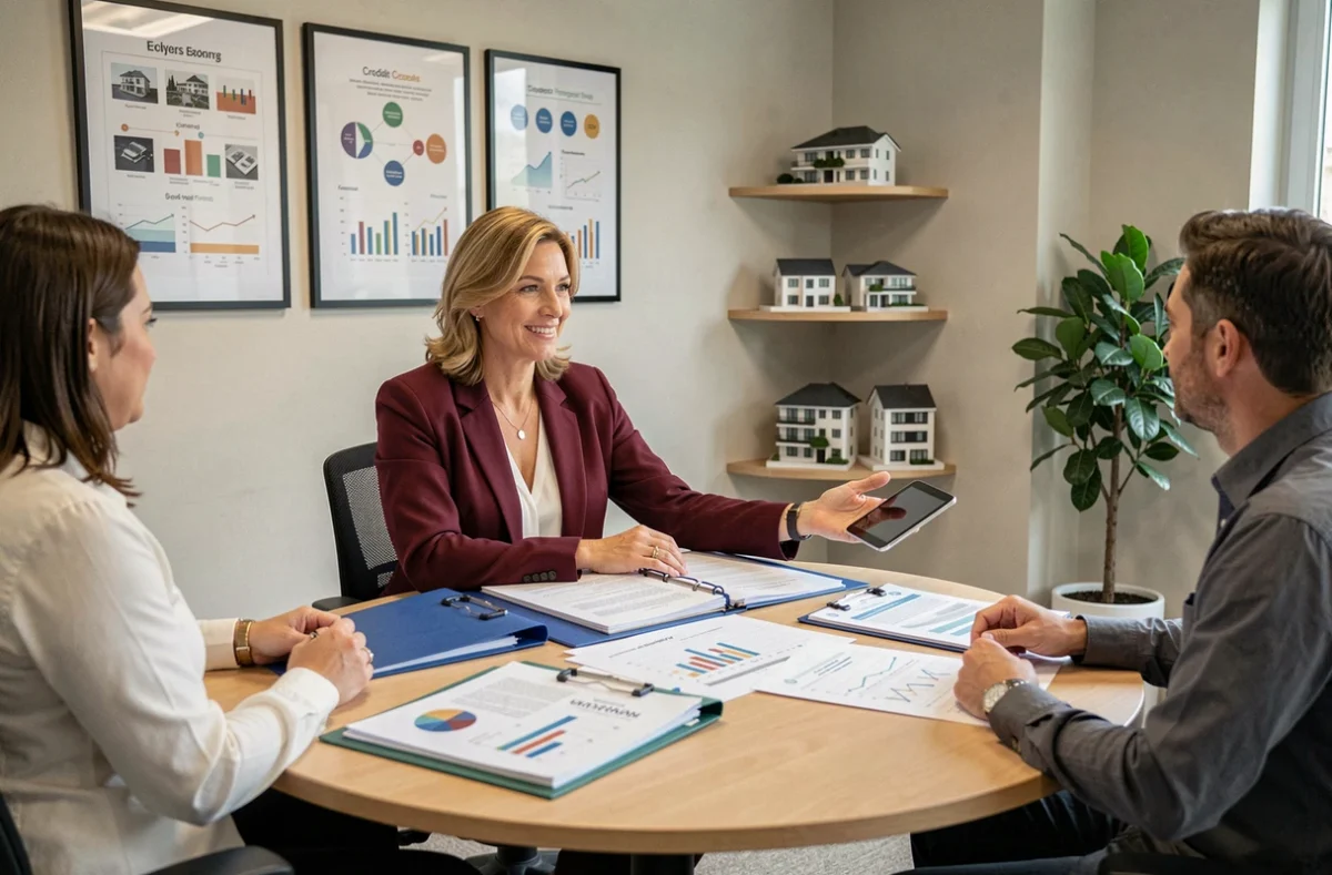 Courtière ACE Crédit Essonne présentant un plan de financement multi-projets à des clients