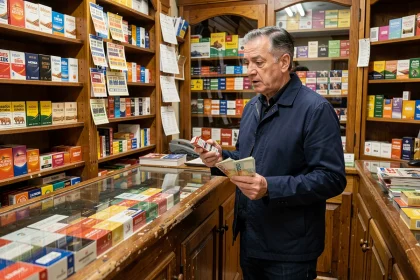 Touriste français achetant des cigarettes dans un estanco espagnol en 2026, comparant les prix du tabac