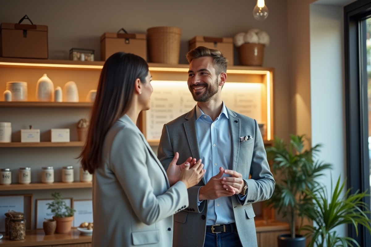 Agent immobilier montrant une boutique à un entrepreneur souriant