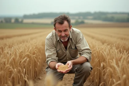 Agriculteur examinant des grains de blé dans un champ après la récolte, illustrant le prix du quintal de blé fermage 2026