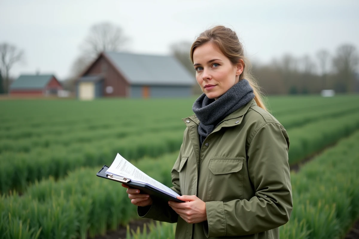 Agronome féminine consultant des données de marché au bord d'un champ de blé vert au printemps, en lien avec les prévisions du prix du quintal fermage 2026