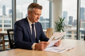 Homme d'affaires analysant des documents de classement SCPI dans un bureau moderne avec vue sur la ville