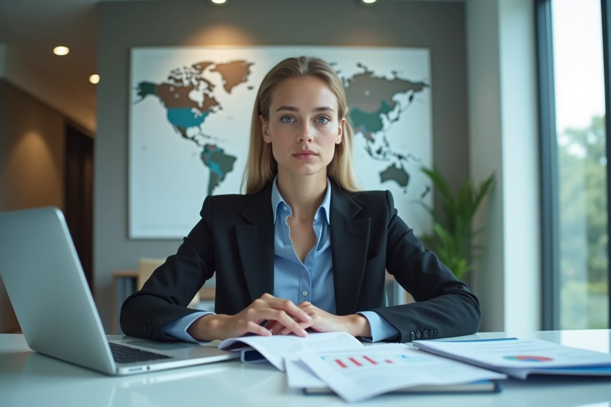 Jeune analyste femme en tenue d&eacute;contract&eacute;e travaillant sur ordinateur