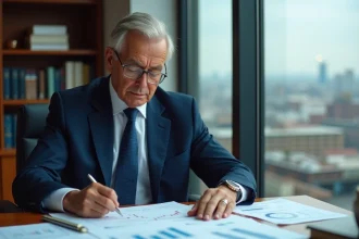 Analyste financier senior examinant des graphiques boursiers d'Air Liquide dans un bureau corporatif moderne avec vue sur une skyline industrielle européenne