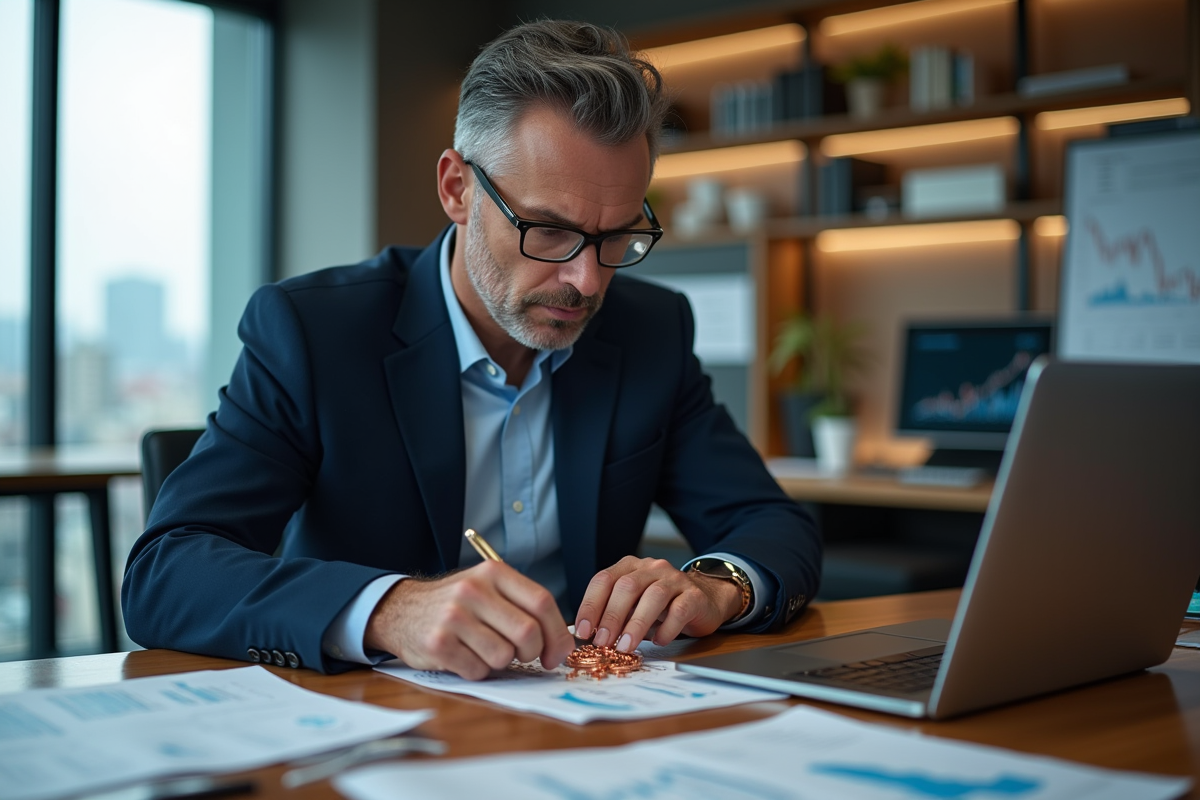 Analyste financier examinant des fils de cuivre sur son bureau