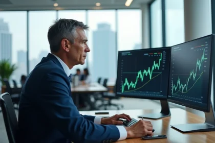 Analyste financier examinant des graphiques boursiers et des données de dividendes sur un écran dans un bureau moderne en 2026