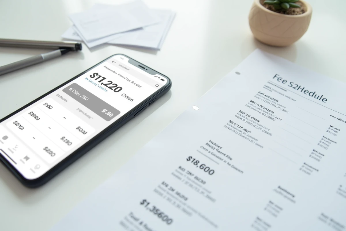 Smartphone avec application bancaire, notes manuscrites et documents de frais pour transfert PEA en ligne