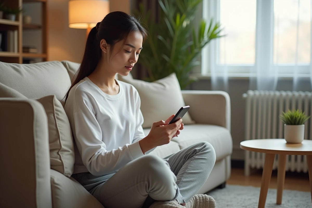 Jeune femme vérifiant ses plafonds de paiement sur l'application mobile Filibanque CIC depuis son canapé