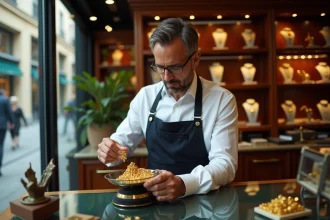 Bijoutier homme pesant or dans une boutique parisienne