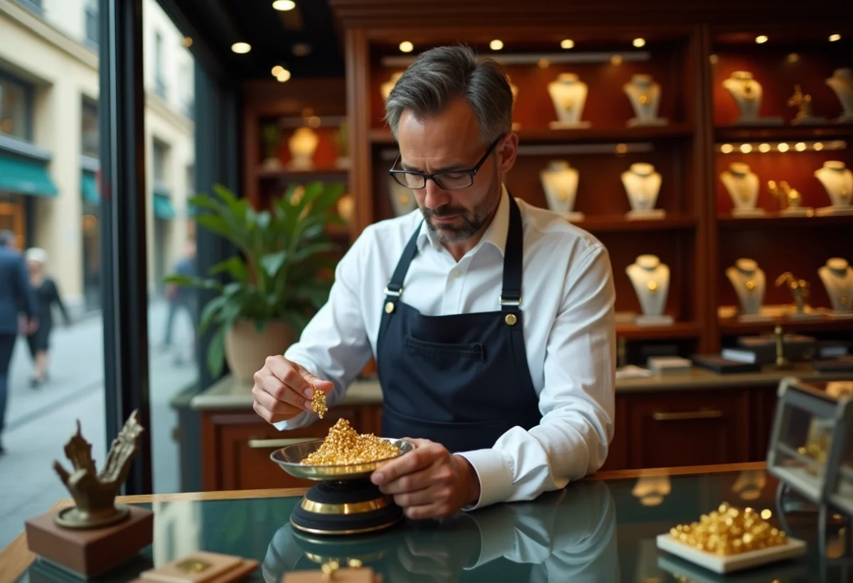 Bijoutier homme pesant or dans une boutique parisienne