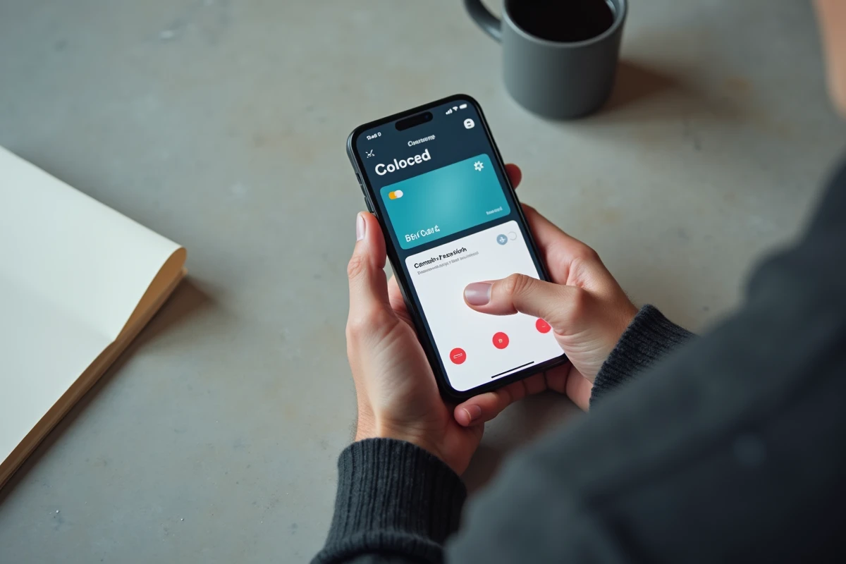 Main tenant un smartphone avec l'application bancaire Crédit Agricole pour bloquer une carte de paiement