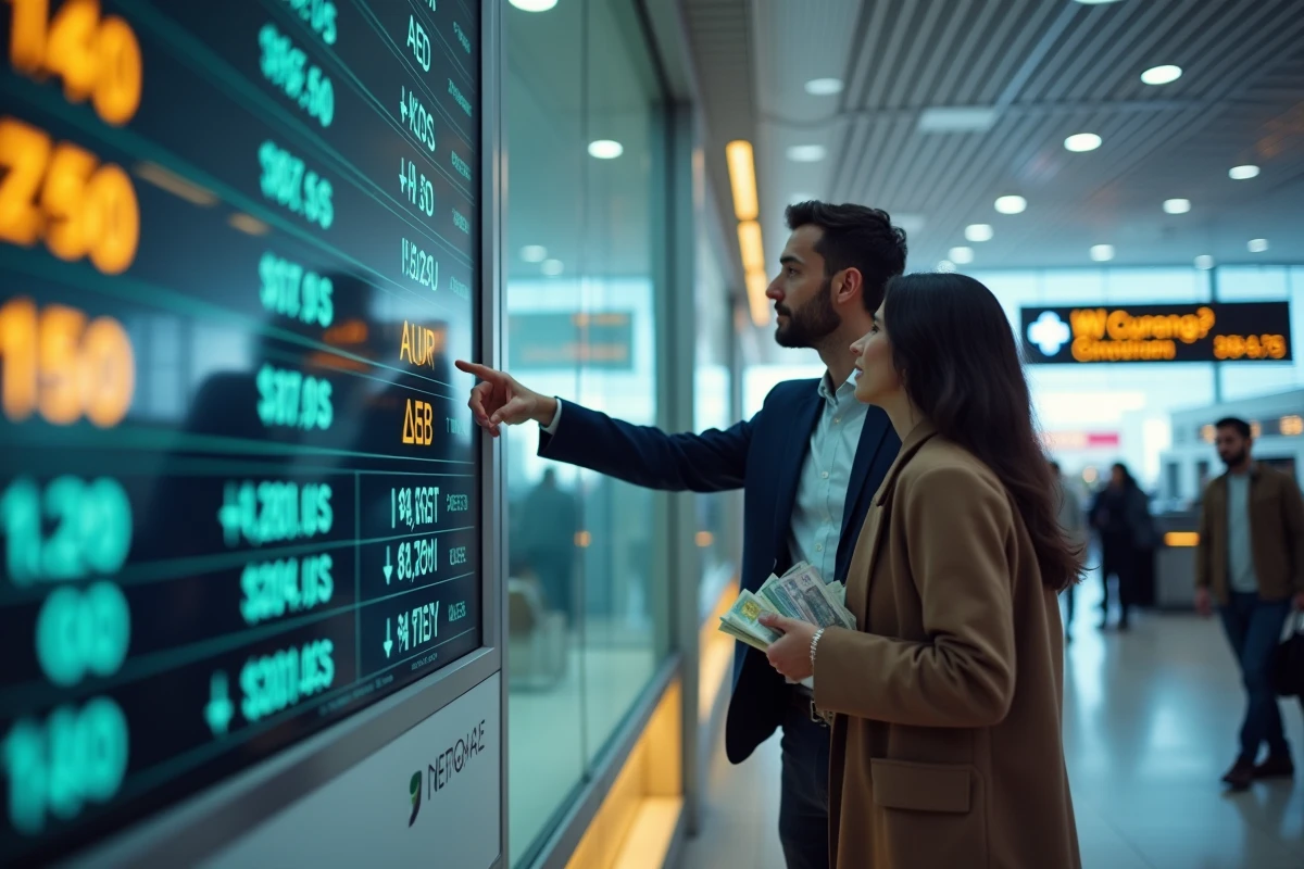 Couple changeant des devises dans un bureau de change à l'aéroport de Dubaï