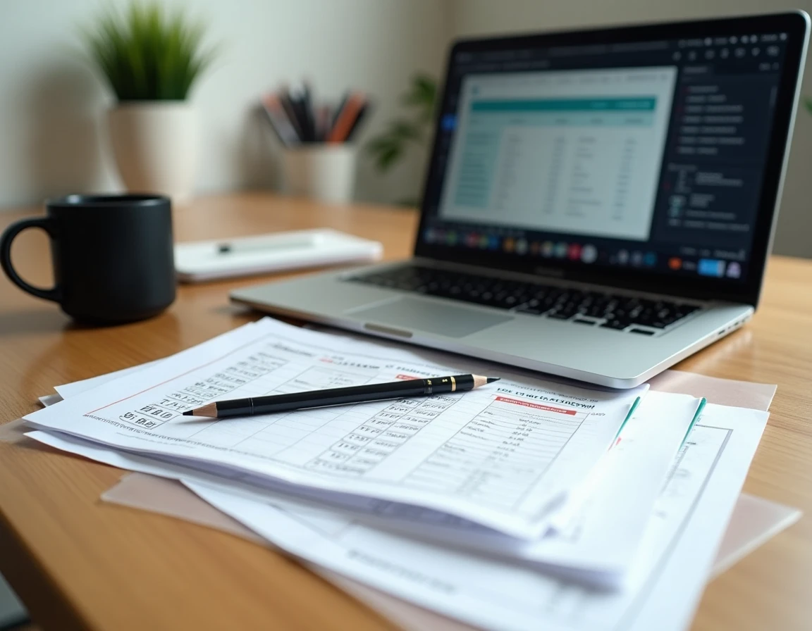 Bureau de travail avec simulateur TVS 2026 ouvert sur ordinateur portable et documents de calcul de taxe sur véhicule de société