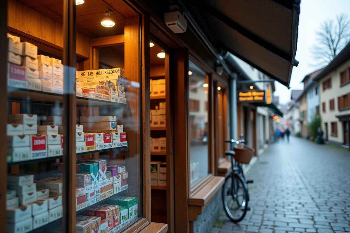 Vitrine d'un bureau de tabac suisse en zone frontalière avec affichage des prix des cigarettes en francs suisses et en euros