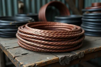 Bobines de câble cuivre non dénudé posées sur un établi en bois dans une casse industrielle, montrant différents calibres et gaines d'isolation