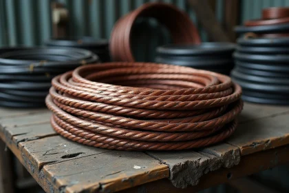 Bobines de câble cuivre non dénudé posées sur un établi en bois dans une casse industrielle, montrant différents calibres et gaines d'isolation