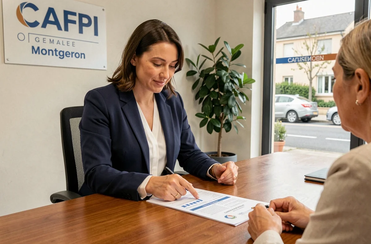 Conseillère CAFPI Montgeron présentant une simulation de prêt immobilier à un client en Essonne