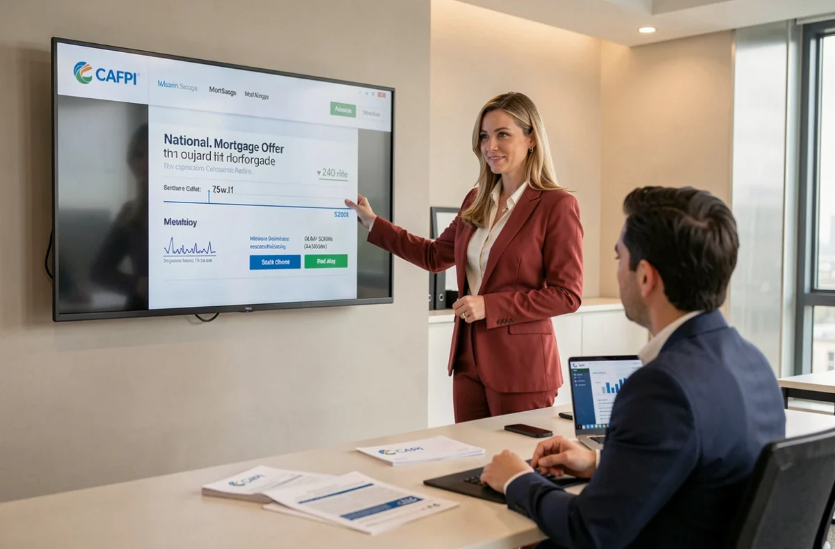 Conseillère CAFPI Nantes présentant une offre de prêt immobilier national à un client