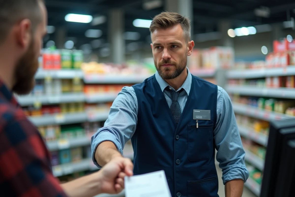 Caissier de supermarché acceptant un chèque différé à la caisse, représentant les modes de paiement en grande surface