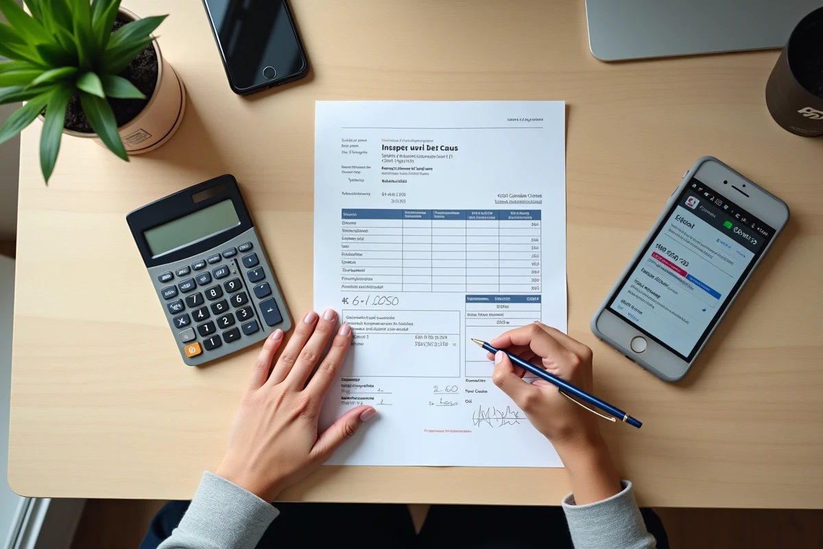 Vue de dessus d'une table avec une lettre de la CAF, un calcul budgétaire manuscrit et une calculatrice pour estimer le montant du RSA pour une personne seule