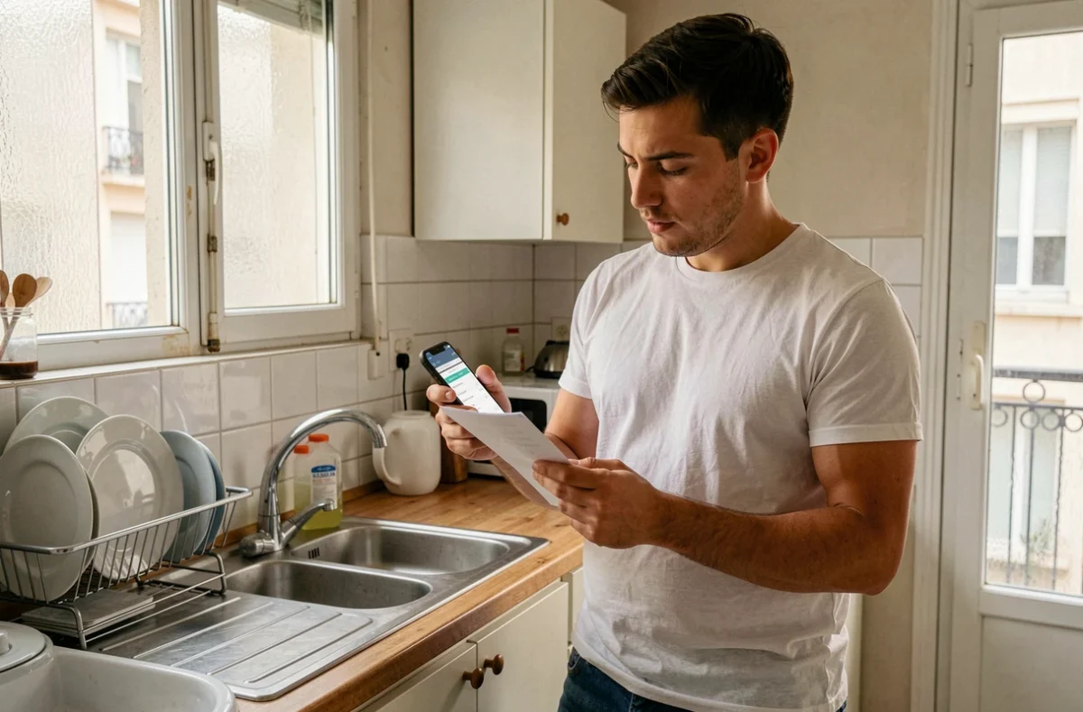 Homme consultant son salaire net au Smic 25 heures sur smartphone à domicile, planification financière avec mutuelle d'entreprise en 2026