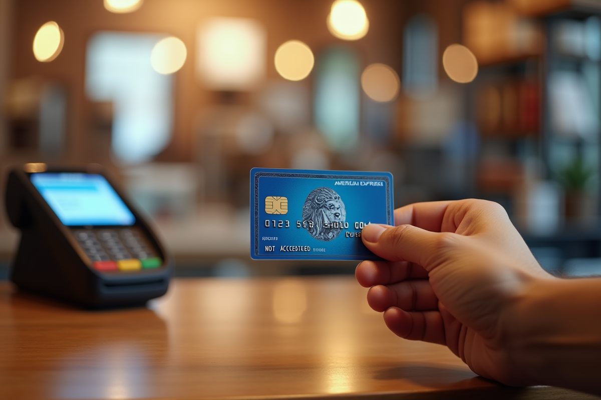 Main tenant une carte American Express devant un café en journée