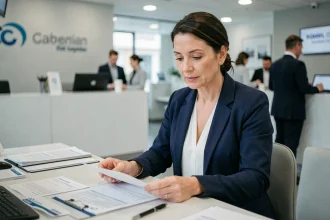 Une femme consulte des documents bancaires au guichet de La Banque Postale pour changer de banque