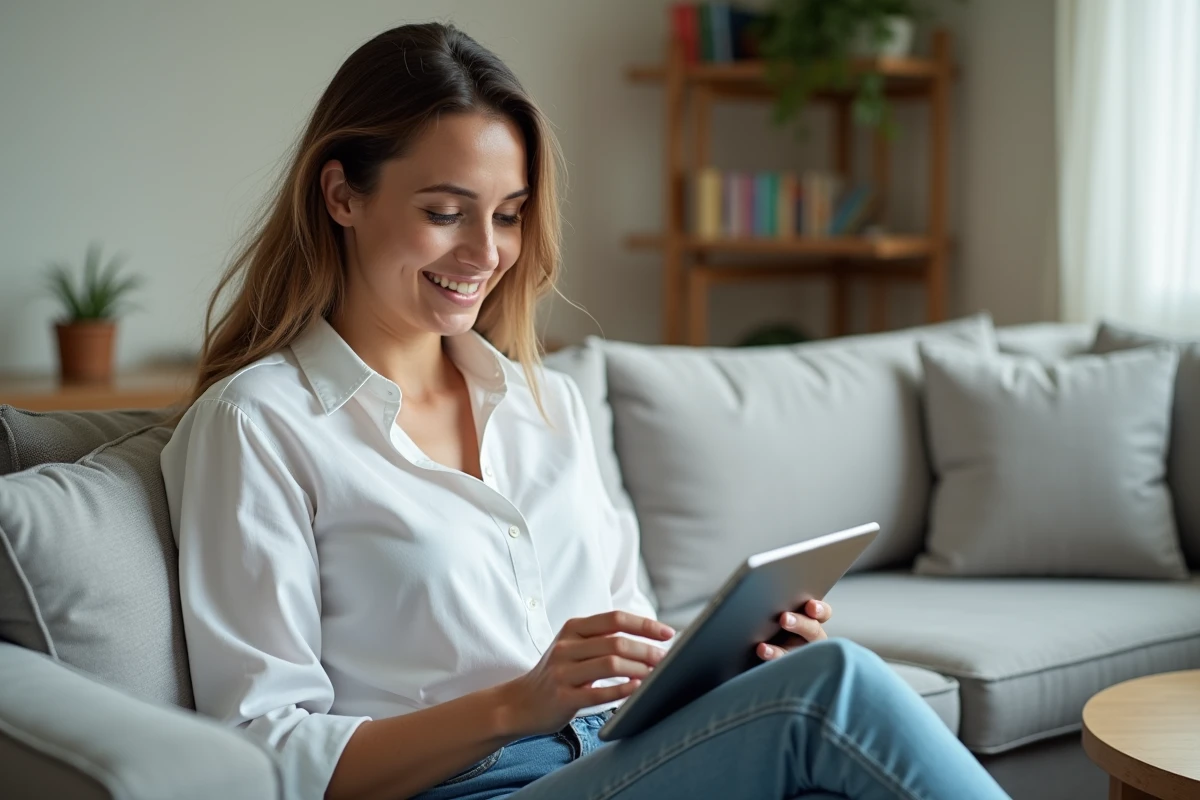 Femme utilisant le chat en ligne d'un service client financier sur une tablette
