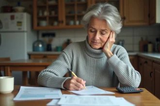 Femme écrivant un chèque différé à la maison avec des factures sur la table, illustrant les paiements par chèque en 2026