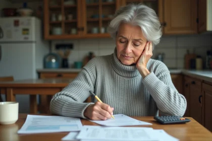 Femme écrivant un chèque différé à la maison avec des factures sur la table, illustrant les paiements par chèque en 2026