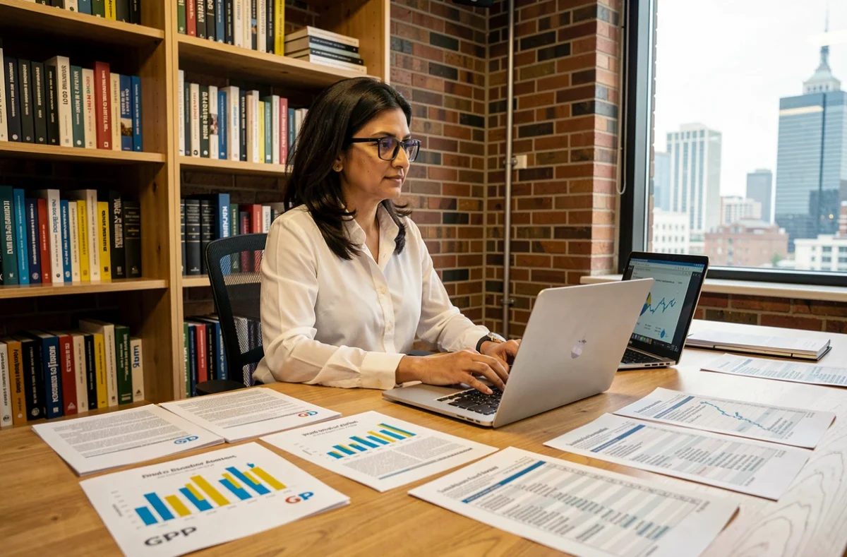 Chercheuse économiste comparant des données de PIB national sur des documents et ordinateurs dans un bureau de recherche académique