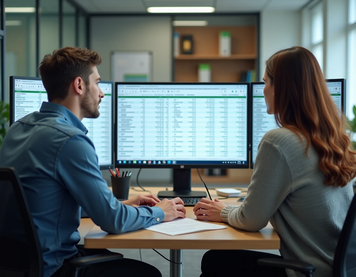 Deux enseignants analysant ensemble un tableau de salaire et les dates de paiement sur un écran d'ordinateur