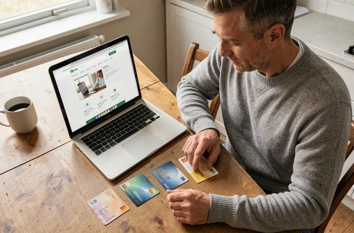 Homme comparant plusieurs cartes bancaires Crédit Agricole posées sur une table de cuisine avec un ordinateur portable ouvert