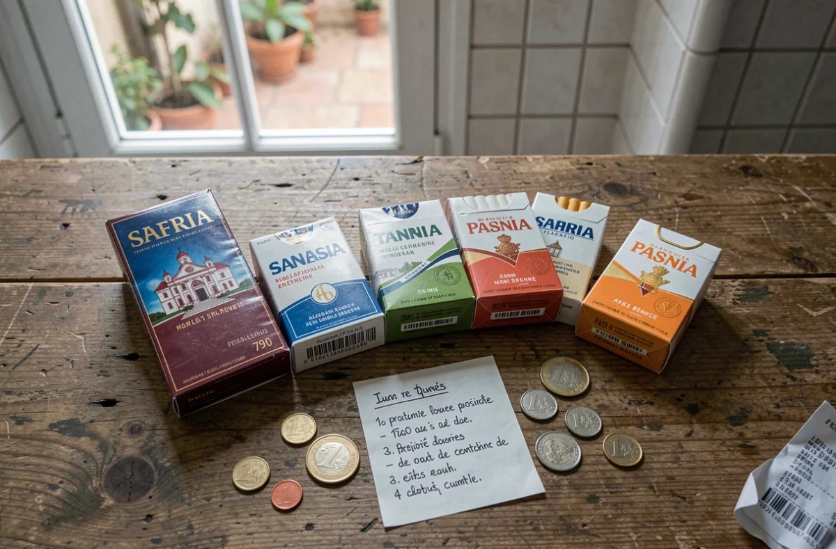 Paquets de cigarettes espagnoles posés sur une table avec comparaison de prix entre la France et l'Espagne en 2026