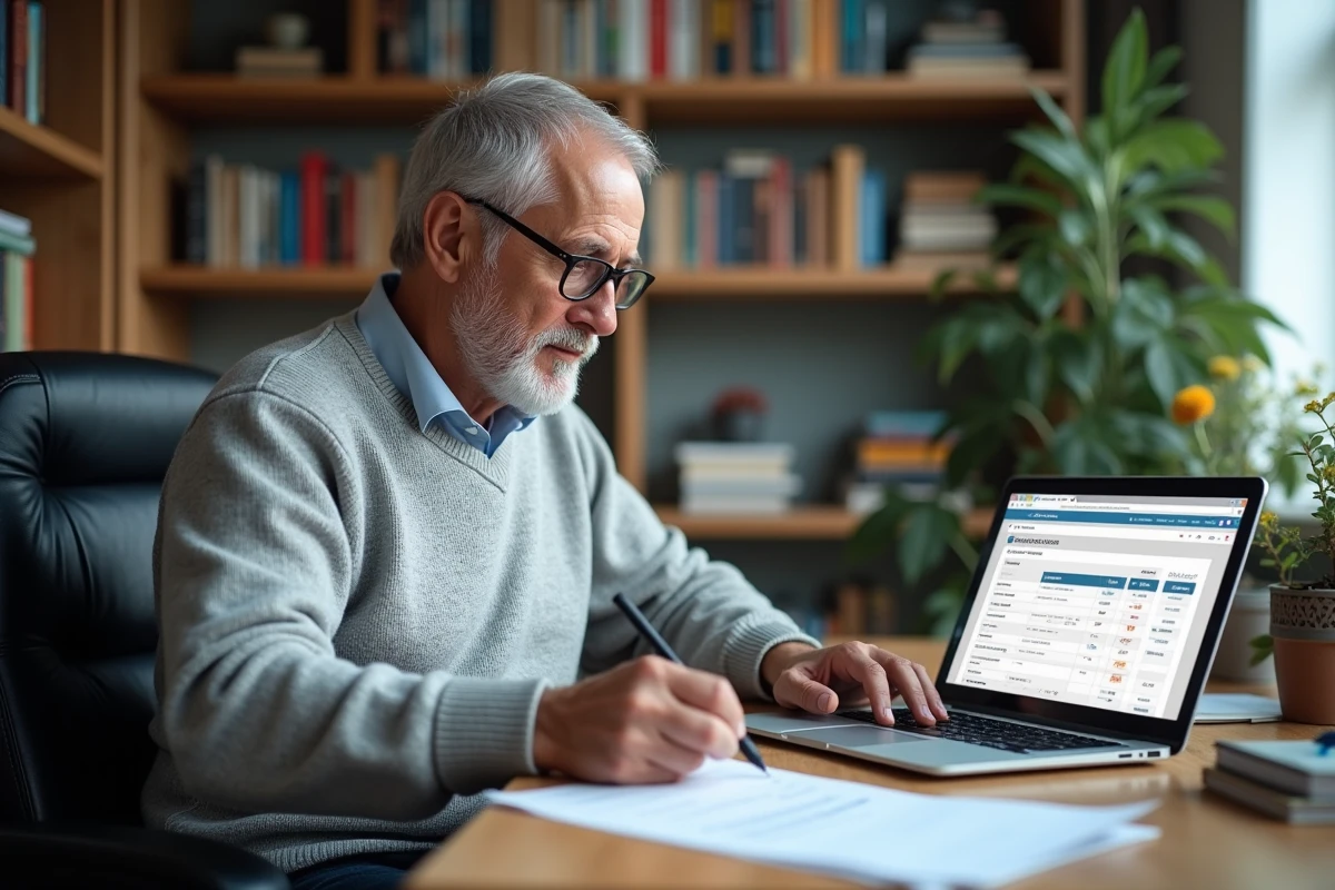 Homme comparant les taux du compte à terme et du livret bancaire sur ordinateur dans un bureau à domicile