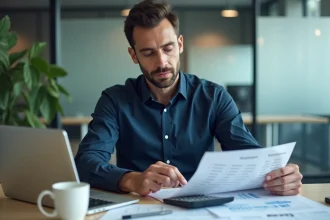 Comptable masculin examinant des documents fiscaux et calculant le premier acompte IS dans un bureau professionnel