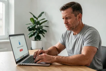 Homme frustré face à un message de compte bloqué sur son ordinateur portable dans un bureau à domicile
