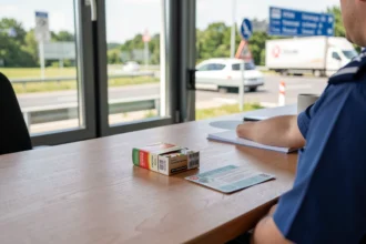 Comptoir de douane à un poste frontière avec une cartouche de cigarettes