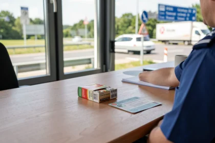 Comptoir de douane à un poste frontière avec une cartouche de cigarettes