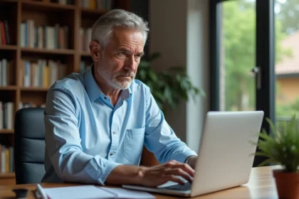 Homme senior tentant de se connecter à son espace retraite entreprise sur un ordinateur portable à domicile
