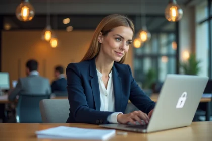 Femme professionnelle se connectant de manière sécurisée à son compte en ligne depuis un bureau d'entreprise moderne