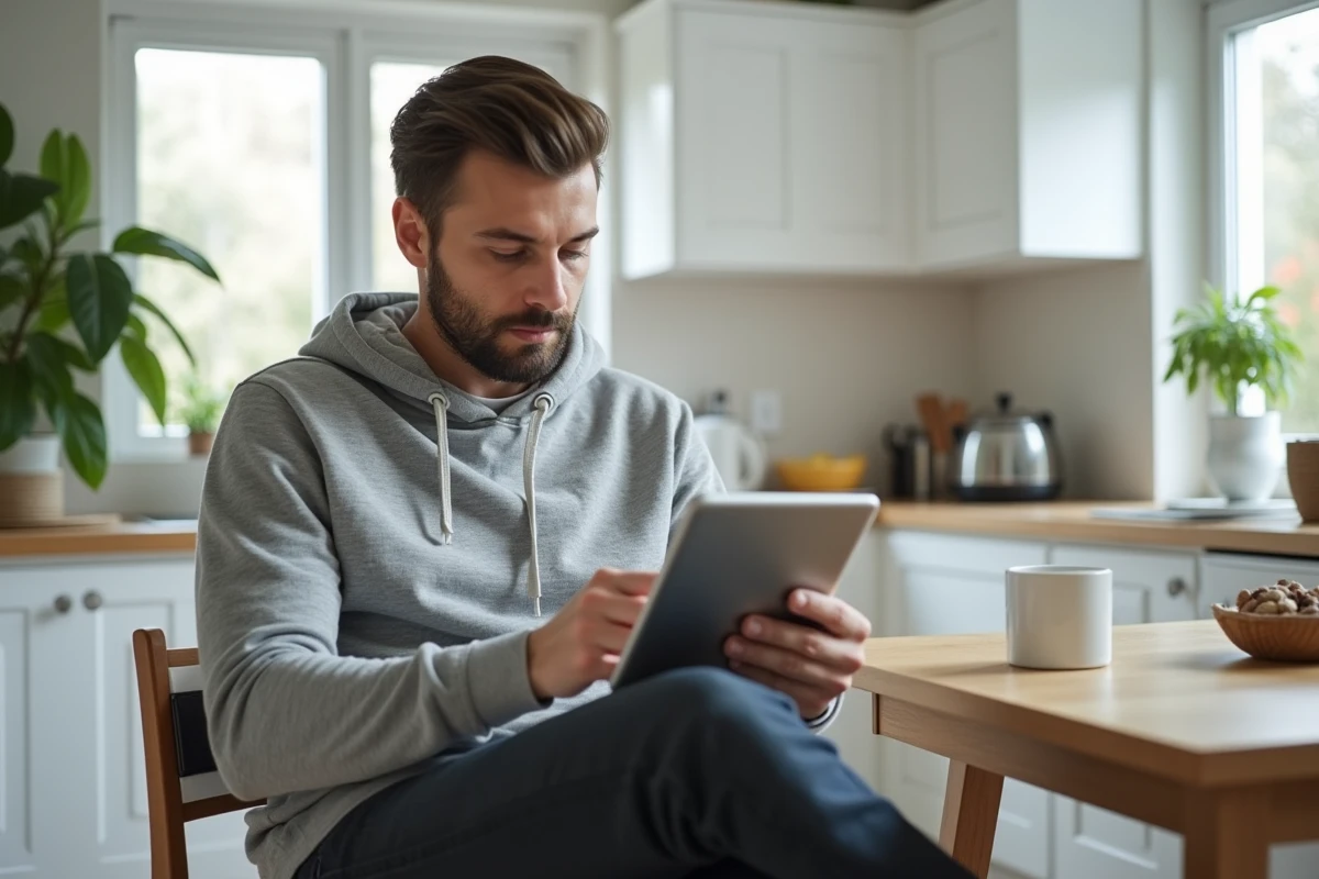 Homme utilisant une tablette à domicile pour une connexion sécurisée à un portail en ligne