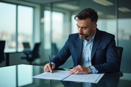 Conseiller en assurance dans un bureau moderne d'Istanbul examinant des documents de polices d'assurance turques