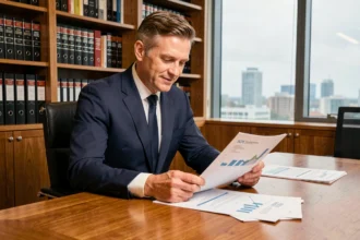 Conseiller financier en costume navy analysant des documents SCPI avec un graphique d'avantages fiscaux sur son bureau en chêne