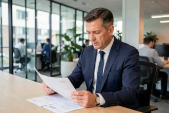 Conseiller financier analysant des documents d'investissement SCPI Transitions Europe dans un bureau moderne