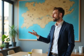 Conseiller en investissement locatif présentant une carte du Morbihan dans un bureau professionnel moderne