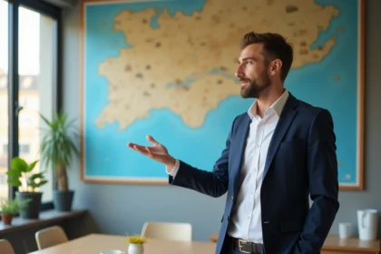 Conseiller en investissement locatif présentant une carte du Morbihan dans un bureau professionnel moderne