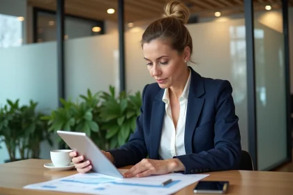 Conseillère bancaire analysant les taux d'un compte à terme Crédit Agricole et d'un livret d'épargne sur tablette